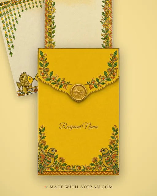 Mithila Turmeric — Living Invitation — envelope, as the guest receives it
