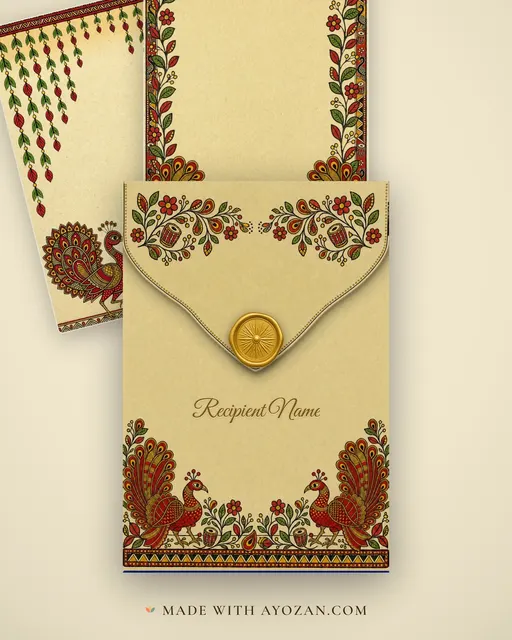 Mithila Mayur — Living Invitation — envelope, as the guest receives it