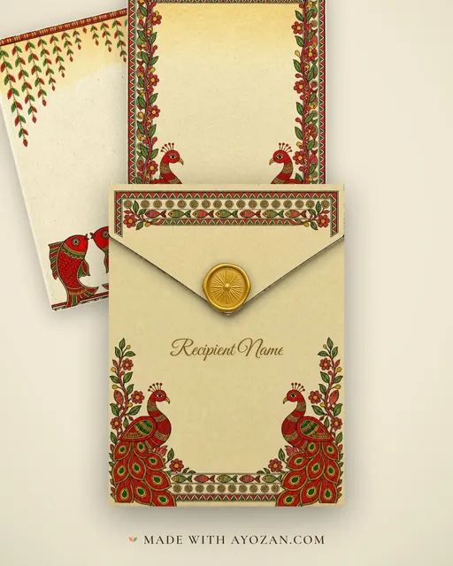 Mithila Crimson — Living Invitation — envelope, as the guest receives it