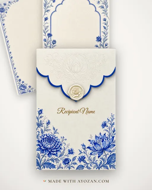 Blue Pottery Wedding — Living Invitation — envelope, as the guest receives it