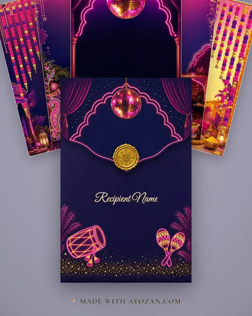 Neon Sangeet Stage — Living Invitation — envelope, as the guest receives it