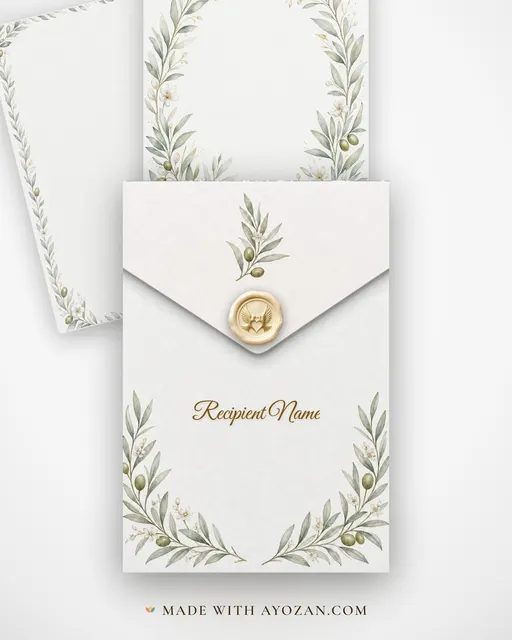 Olive Wreath Wedding — Living Invitation — envelope, as the guest receives it