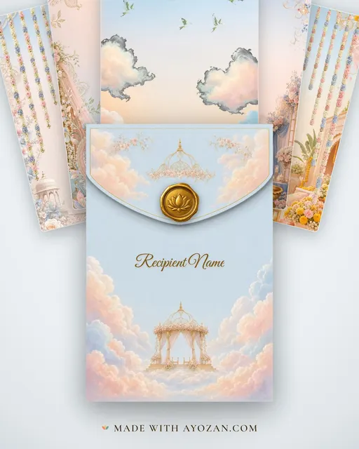 Pastel Cloud Mandap — Living Invitation — envelope, as the guest receives it