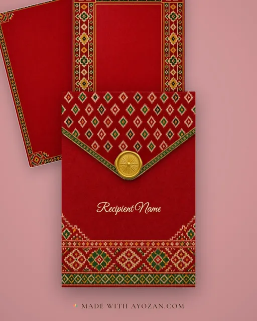 Patola Kankotri Gujarati Wedding — Living Invitation — envelope, as the guest receives it