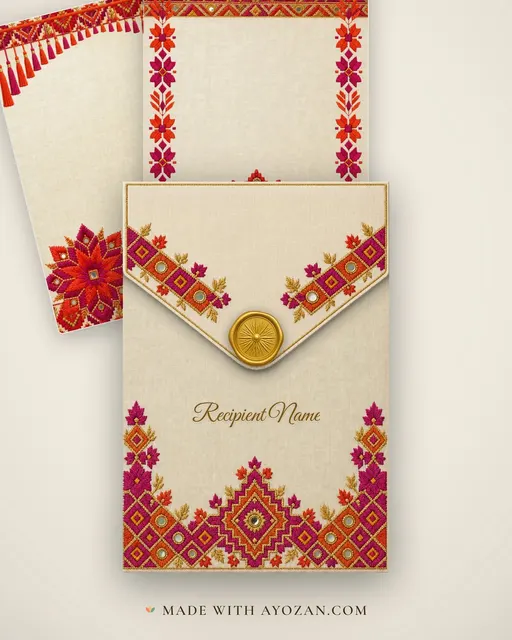 Phulkari Sangeet — Living Invitation — envelope, as the guest receives it