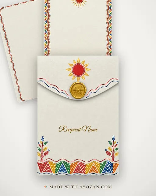 Pithora Folk Wedding — Living Invitation — envelope, as the guest receives it
