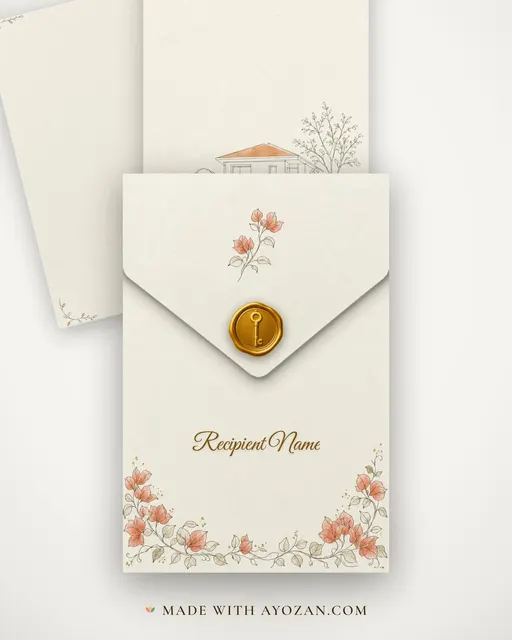 New Home Sketch Housewarming — Living Invitation — envelope, as the guest receives it