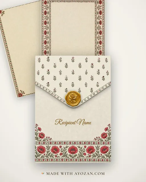 Sanganeri Block Print Wedding — Living Invitation — envelope, as the guest receives it