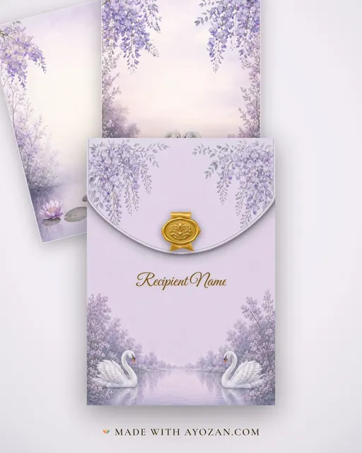 Lilac Dusk Swan Lake — Living Invitation — envelope, as the guest receives it