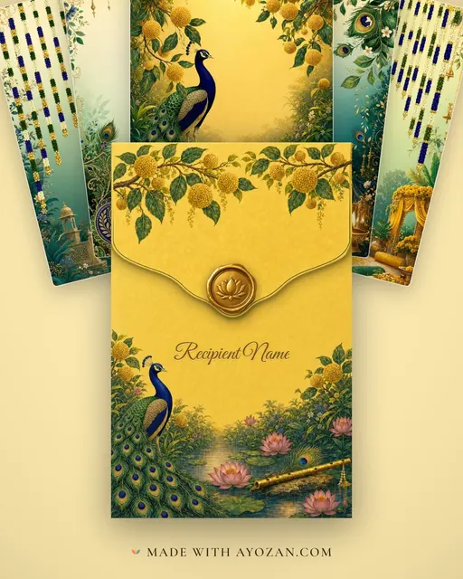 Vrindavan Kunj Peacock — Living Invitation — envelope, as the guest receives it