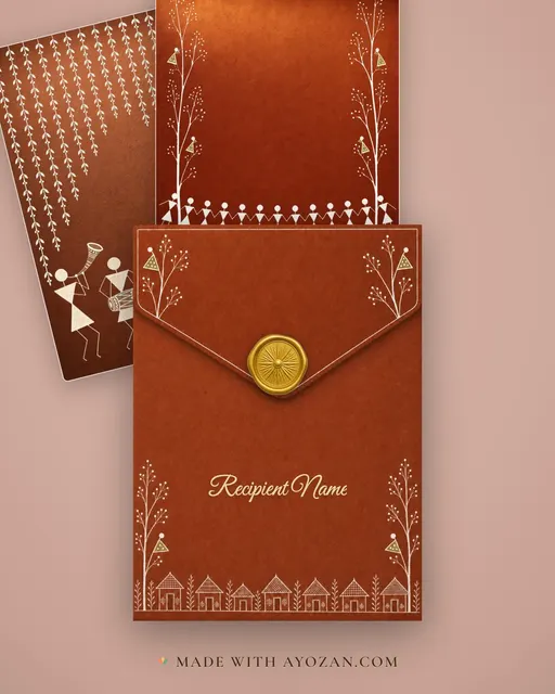 Warli Ochre — Living Invitation — envelope, as the guest receives it