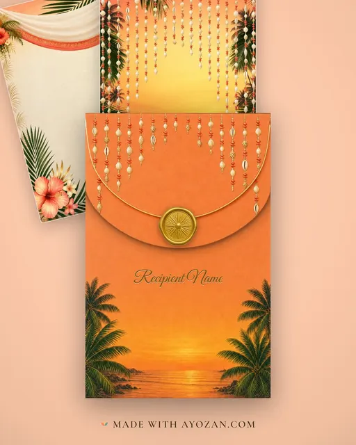Goa Palm Sunset — Living Invitation — envelope, as the guest receives it