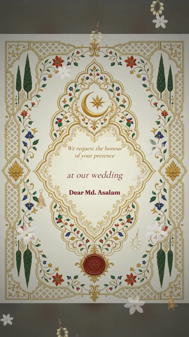 An ivory Mughal-floral Muslim wedding invitation with crescent and star, addressed to the guest by name