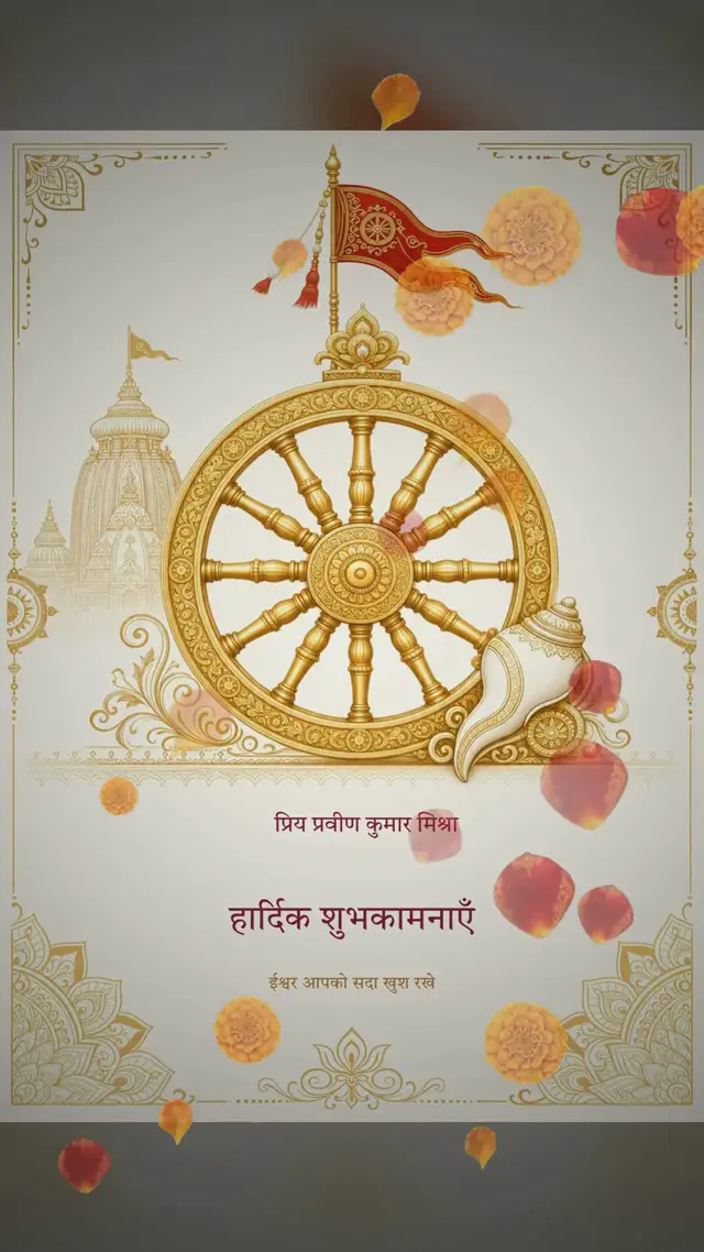 A Rath Yatra festival greeting with the golden Jagannath chariot wheel, addressed to the recipient in Hindi