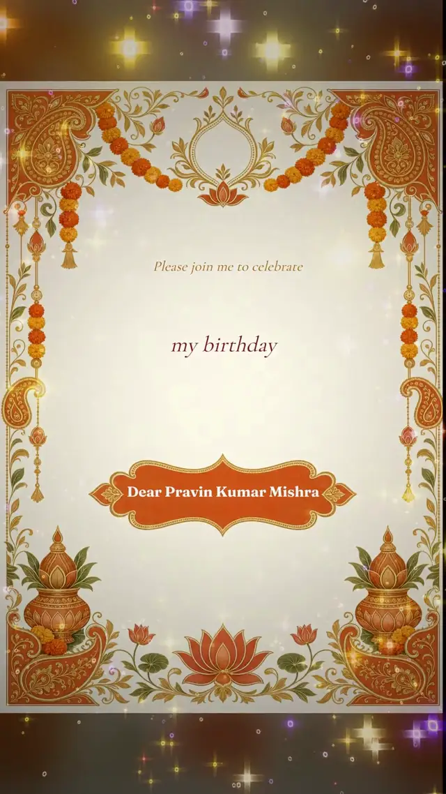 A marigold-and-kalash birthday invitation addressed to the guest by name
