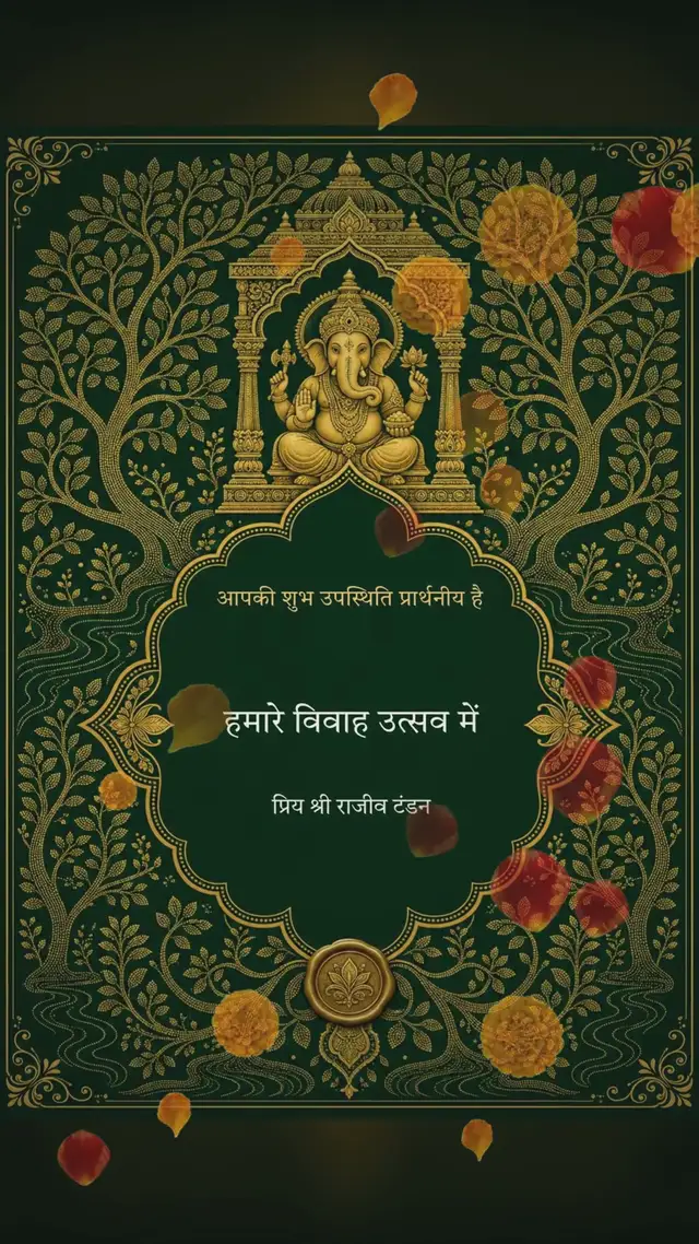 An emerald-and-gold Ganesh wedding invitation addressed to the guest by name in Hindi