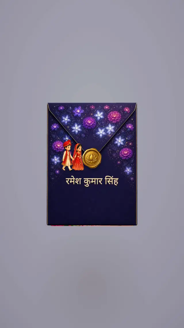 A midnight-blue sealed envelope addressed to the guest by name in Hindi, opening into a personalized wedding invitation