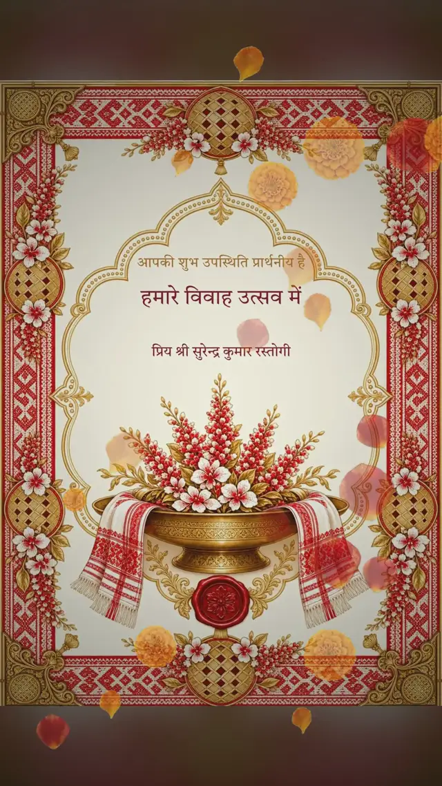 A red-and-white embroidered wedding invitation addressed to the guest by name in Hindi