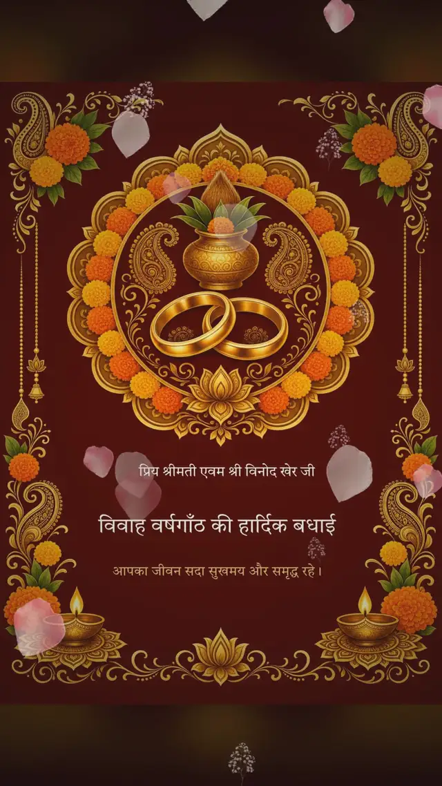 A maroon-and-gold wedding anniversary greeting card with entwined rings, addressed to the couple in Hindi