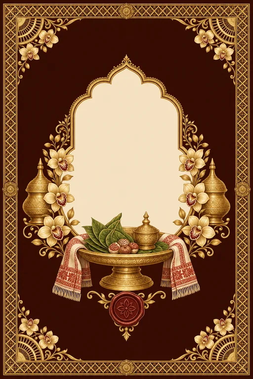 Juroon — Assamese Muga Silk & Kopou Wedding Suite — Assamese Hindu Traditional Juroon invitation card design from Ayozan