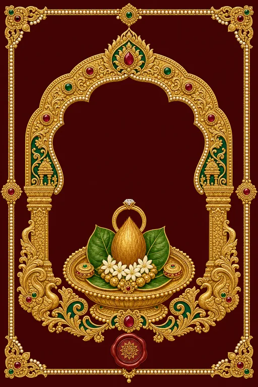 Engagement — Thanjavur Gold Relief Wedding Suite — Tamil Hindu Traditional Engagement invitation card design from Ayozan