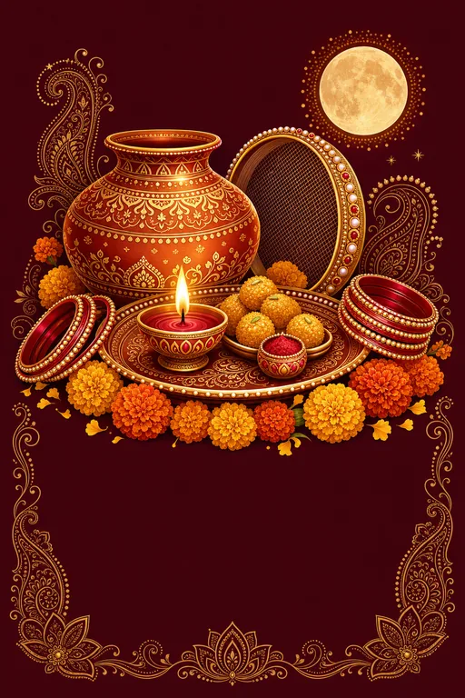 Karva Chauth Blessings — North Indian Hindu Traditional Karva Chauth invitation card design from Ayozan