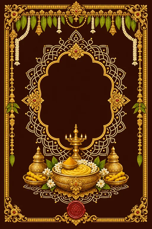 Pasupu (Mangala Snanam) — Telugu Muggu-Gold Wedding Suite — Telugu Hindu Traditional Pasupu (Mangala Snanam) invitation card design from Ayozan