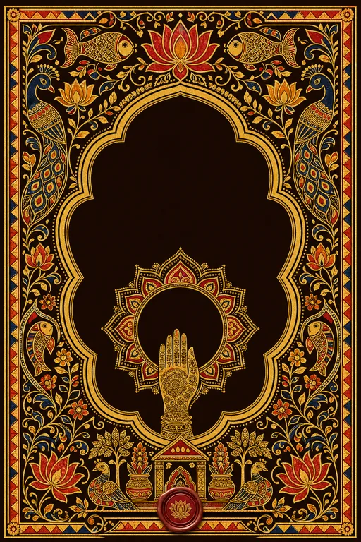 Mehndi — Bihar Madhubani Wedding Suite — Maithili Hindu Traditional Mehndi invitation card design from Ayozan