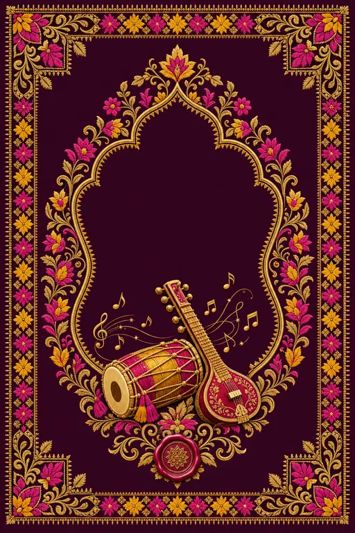 Sangeet — Haryana Bagh-Phulkari Wedding Suite — Hindu Traditional Sangeet invitation card design from Ayozan