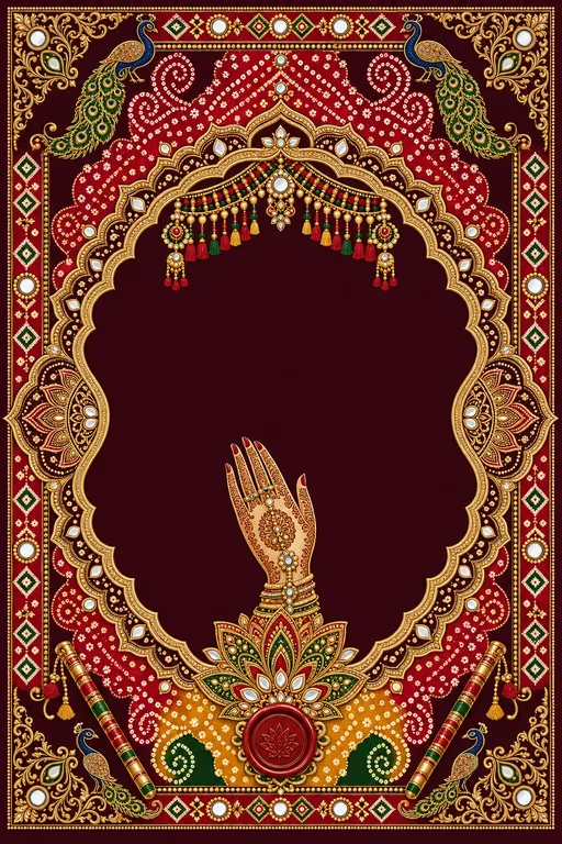 Mehndi — Gujarati Bandhani-Patola Wedding Suite — Gujarati Hindu Traditional Mehndi invitation card design from Ayozan