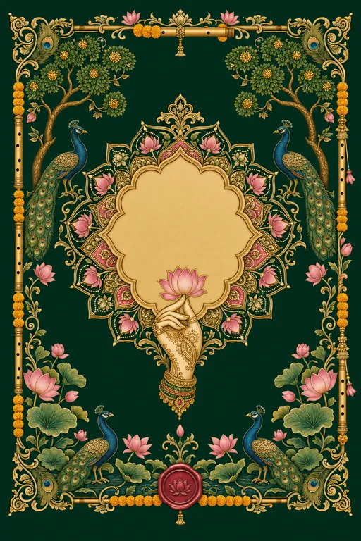 Mehndi — UP Braj — Krishna Pichwai Wedding Suite — Awadhi Hindu Traditional Mehndi invitation card design from Ayozan