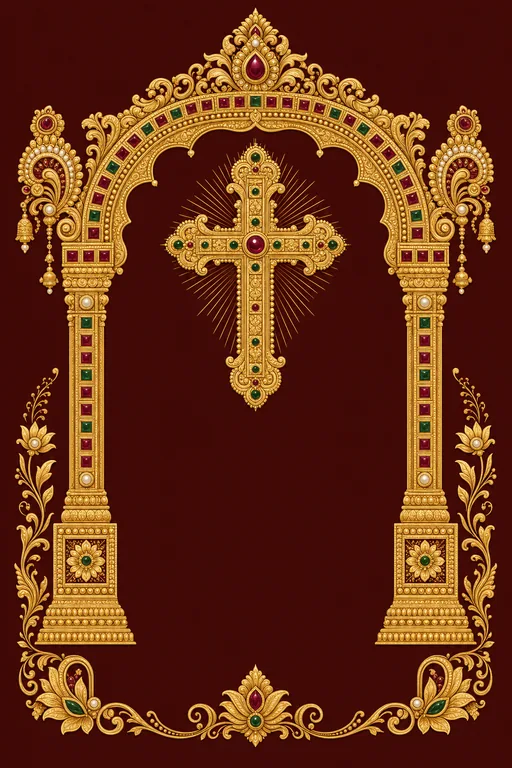 Tanjore Gilt Cross · Fusion — Tamil Christian Botanical Wedding invitation card design from Ayozan