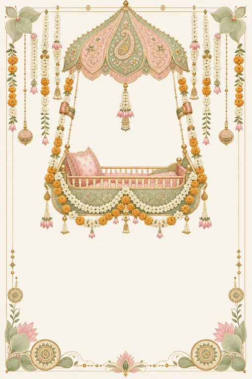 Cradle of Garlands · Fusion — Hindu Botanical Baby Shower invitation card design from Ayozan