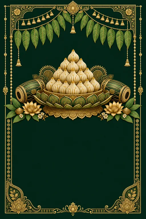 Modak & Mango Leaves · Heritage — Hindu Traditional Ganesh Chaturthi invitation card design from Ayozan