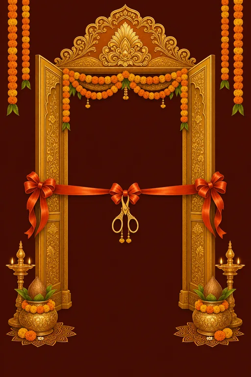 Ribbon & Kalash · Heritage — Hindu Traditional Shop Inauguration invitation card design from Ayozan