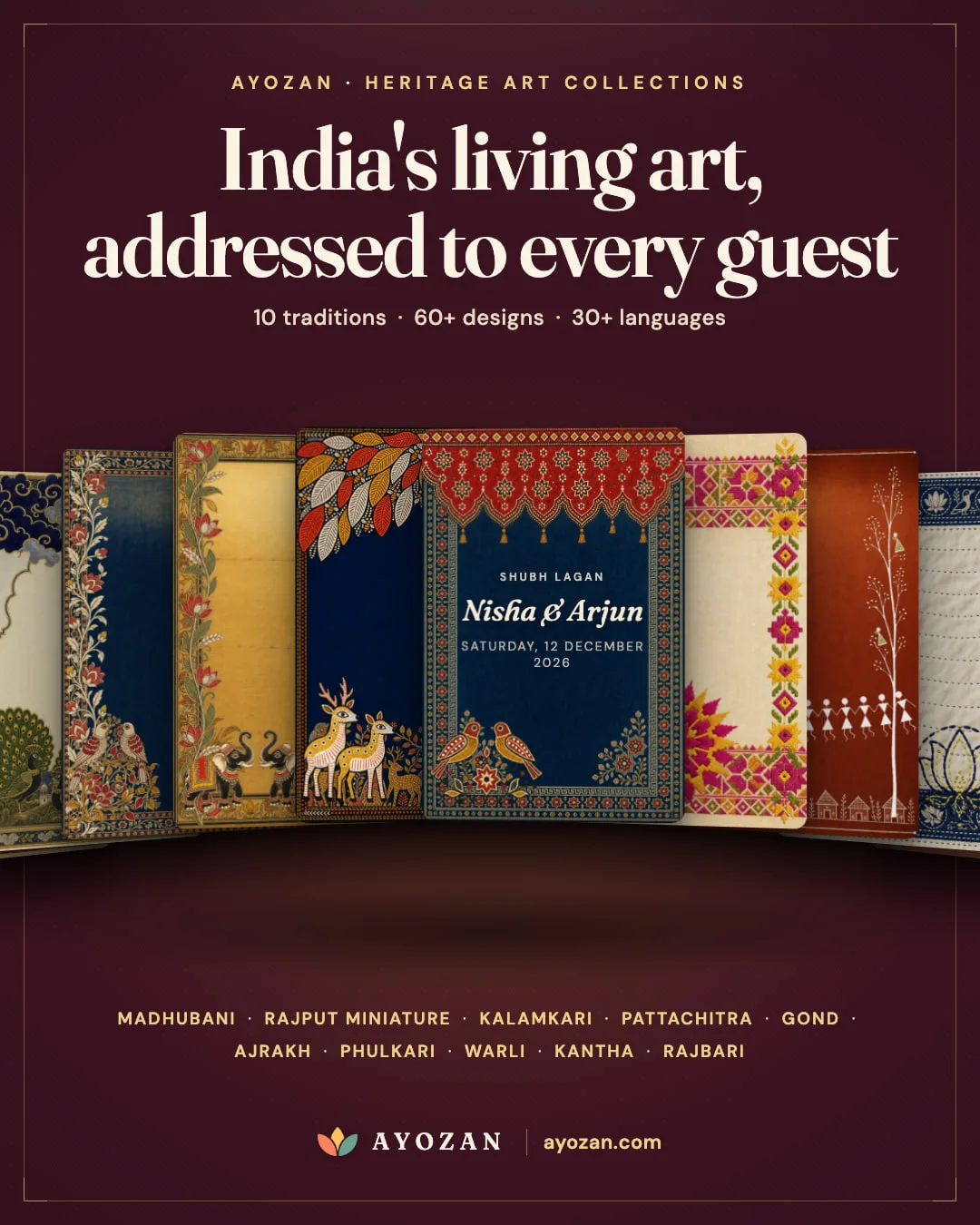 Ayozan Heritage Art collections: Madhubani, Rajput miniature, Kalamkari, Pattachitra, Gond, Ajrakh, Phulkari, Warli, Kantha and Rajbari designs