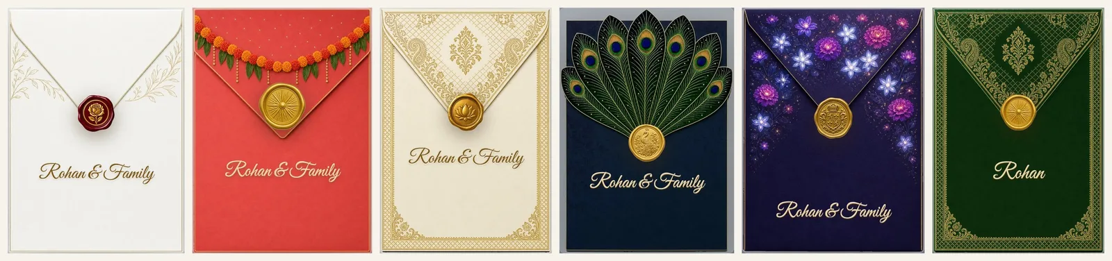 Six sealed Ayozan envelopes, each addressed to the guest by name: Blush Swan Lake, Rishikesh Riverside, Wildflower Garden, Patta Gaja, Balloon Sky Terrace and Emerald Jharokha