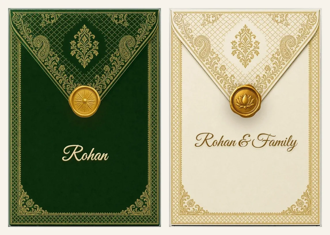 The same envelope family in two moods: emerald addressed to Rohan alone, ivory addressed to Rohan and family