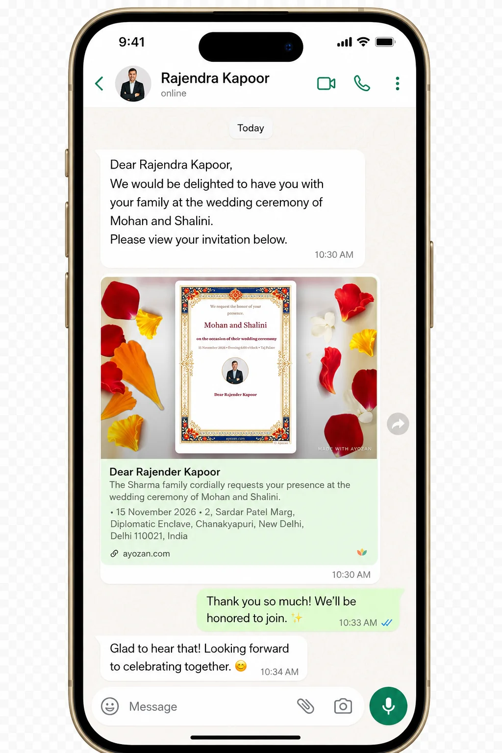 A guest’s own invitation arriving in their WhatsApp chat, with their name on it, and the RSVP reply below